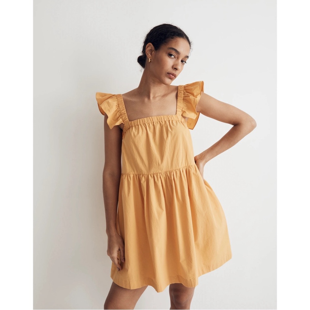 Madewell Flutter-Sleeve Square-Neck Mini Dress Size Small Yellow Cotton Ruffle
